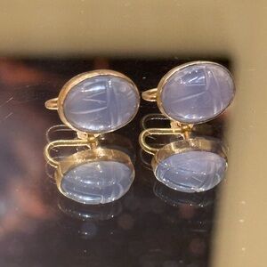 Vintage Admark Blue Chalcedony Scarab Earrings 12K Gold Filled 1940s–50s
